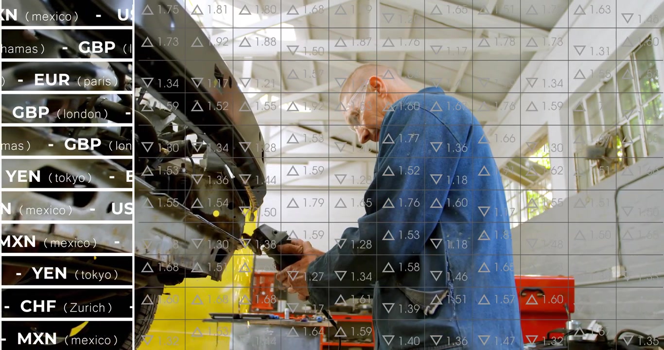 Male mechanic using grinder, adjusting to secure fit on car, with finance ticker overlaying frame