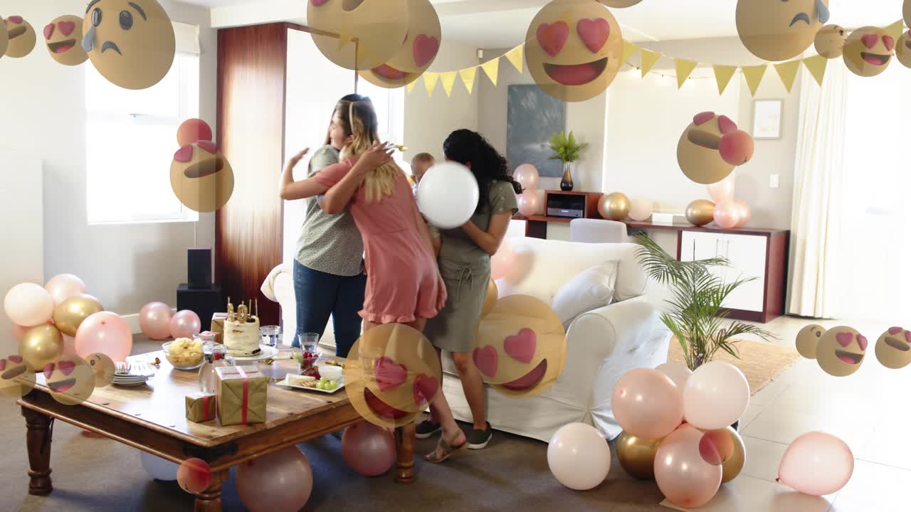 Woman entering right joining celebration, starting AR tech emojis covering balloons cake, hugging