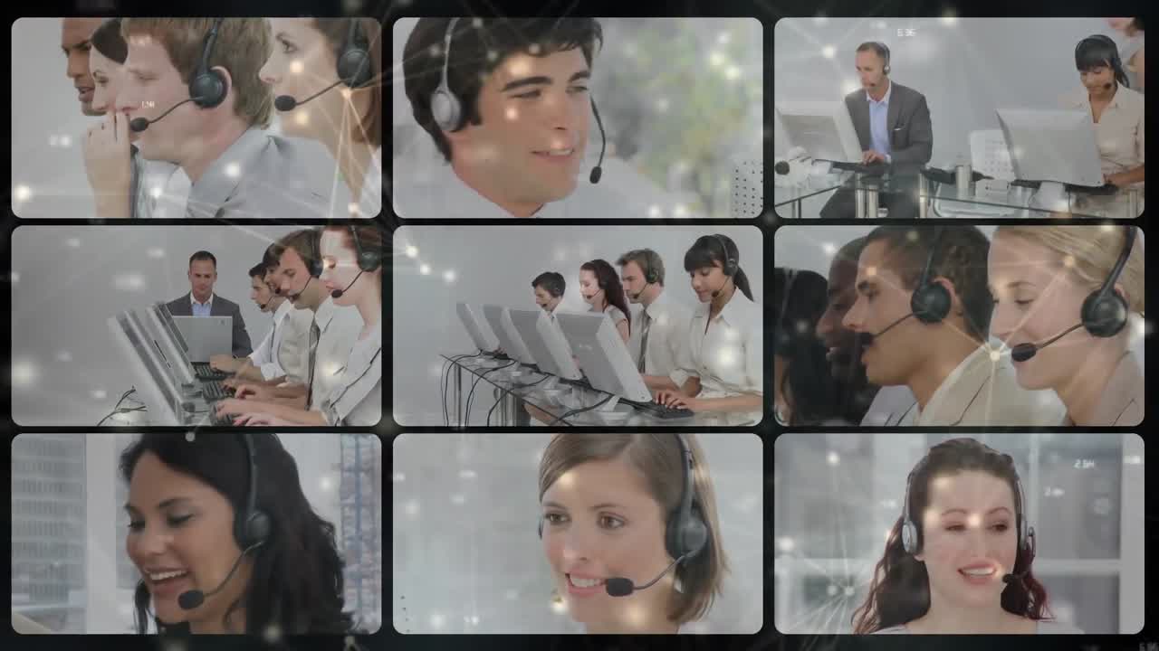 전화 헤드 ⁇ 을 사용하는 사업가들의 사진을 통해 연결 네트워크의 애니메이션