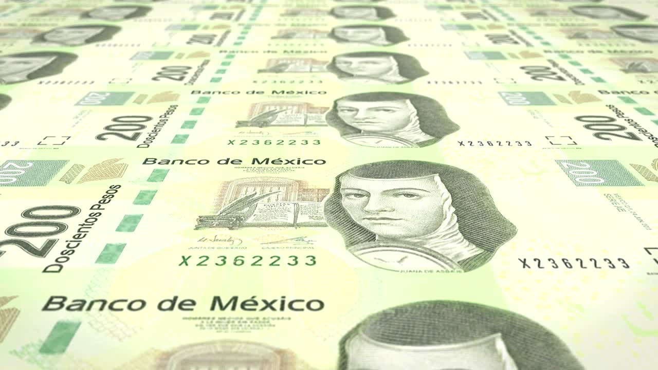 billetes de doscientos pesos mexicanos rodando en la pantalla, dinero en efectivo, bucle