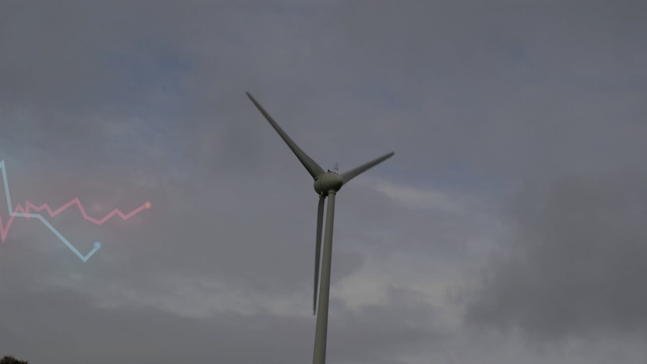 Wind turbine spinning against cloudy sky with graph animation overlay