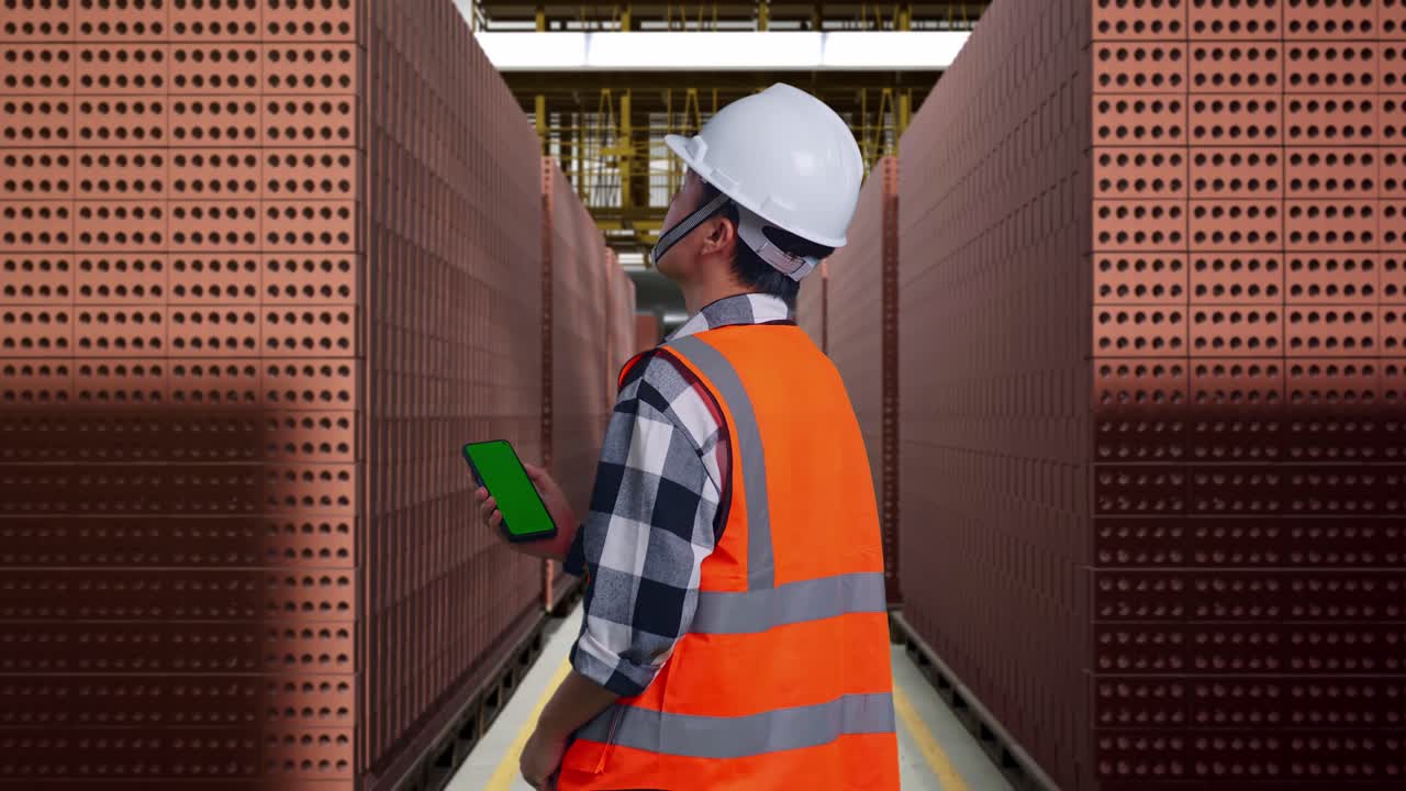 Back View Of Asian Male Engineer With Safety Helmet Working On A Green Screen Smartphone And Looking Around While Standing With Red Brick Packed in Stacks Are Stored