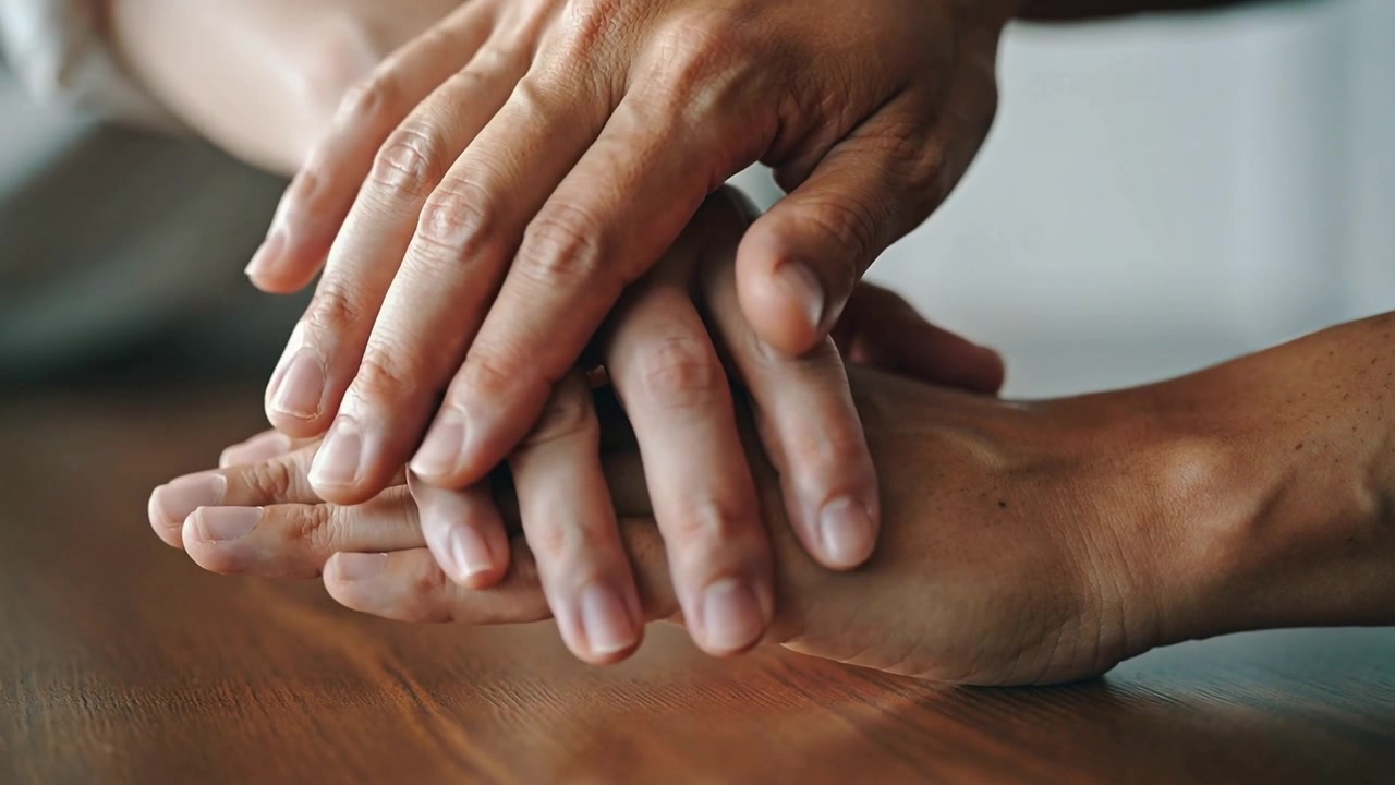 Mãos de adultos empilhadas, com uma mão repousando com a palma para baixo sobre uma mesa de madeira, manga leve mostrando apoio