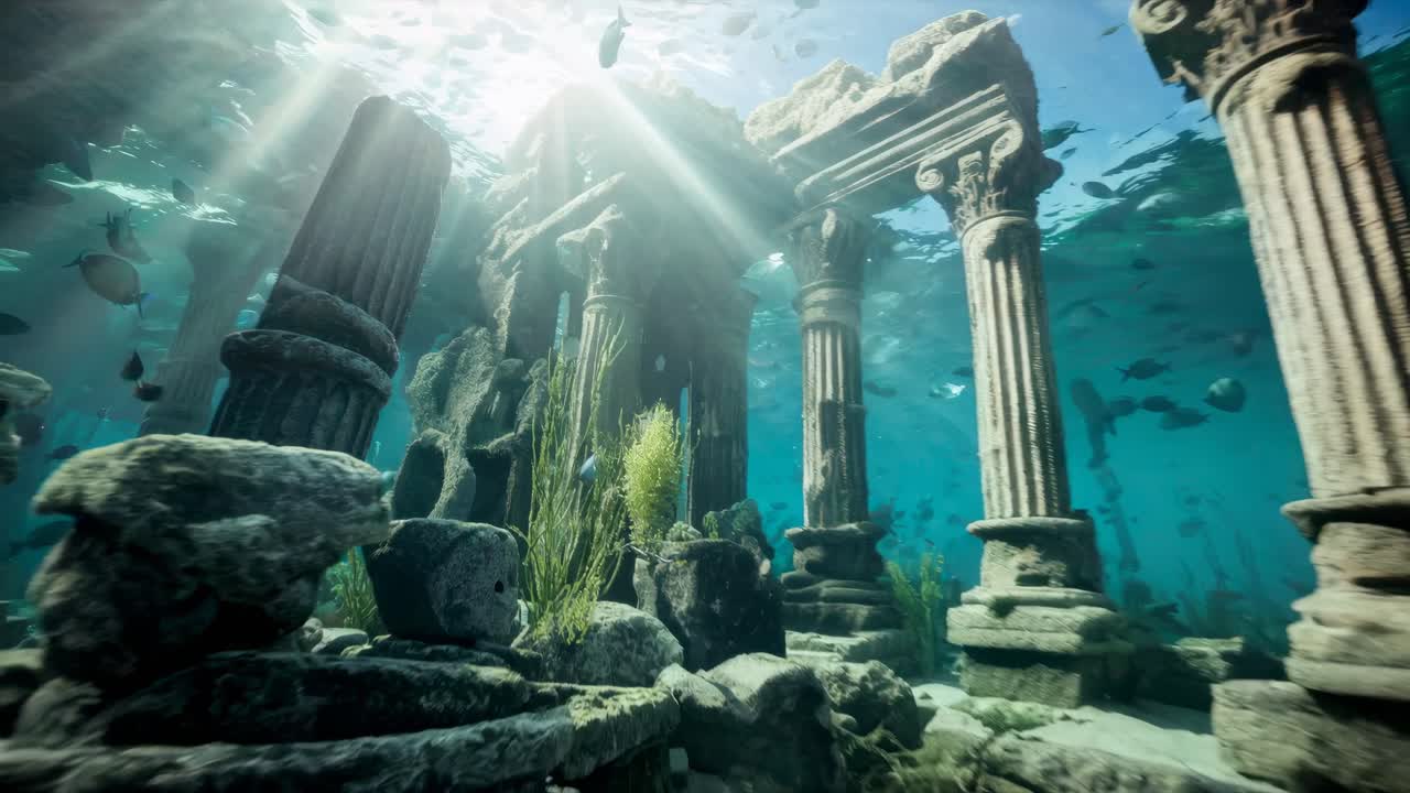 Underwater video of ancient ruins with sunlight streaming through
