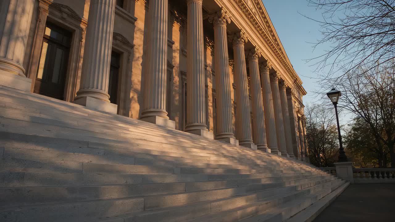 Panning della camera che mostra la facciata di un edificio su una piazza, scalini in marmo e ombre di colonne per catturare la luce