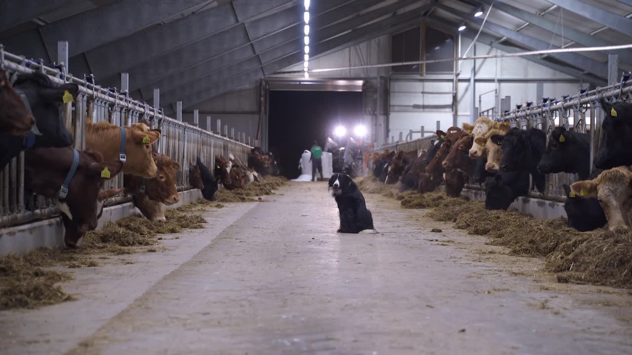 Wide shot of alert border collie dog in feed floor surrounded by many cows eating straw on farm