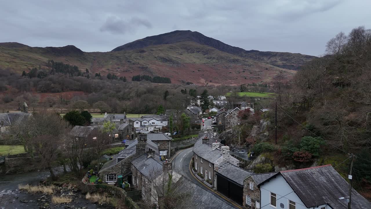 Aerial view of tourist village of Beddgelert Wales Snowdonia