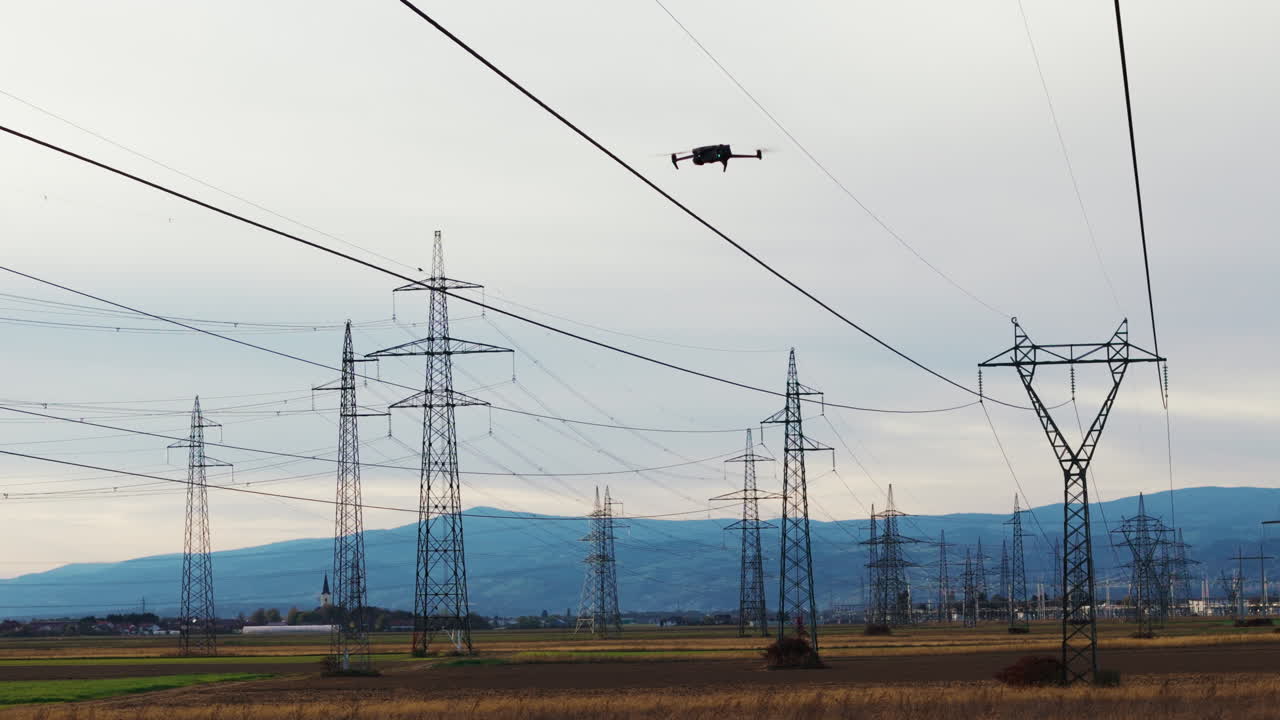 Power lines and electric towers connect across a rural area during sunset