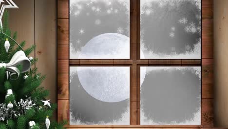 animation of snow falling over moon seen through window