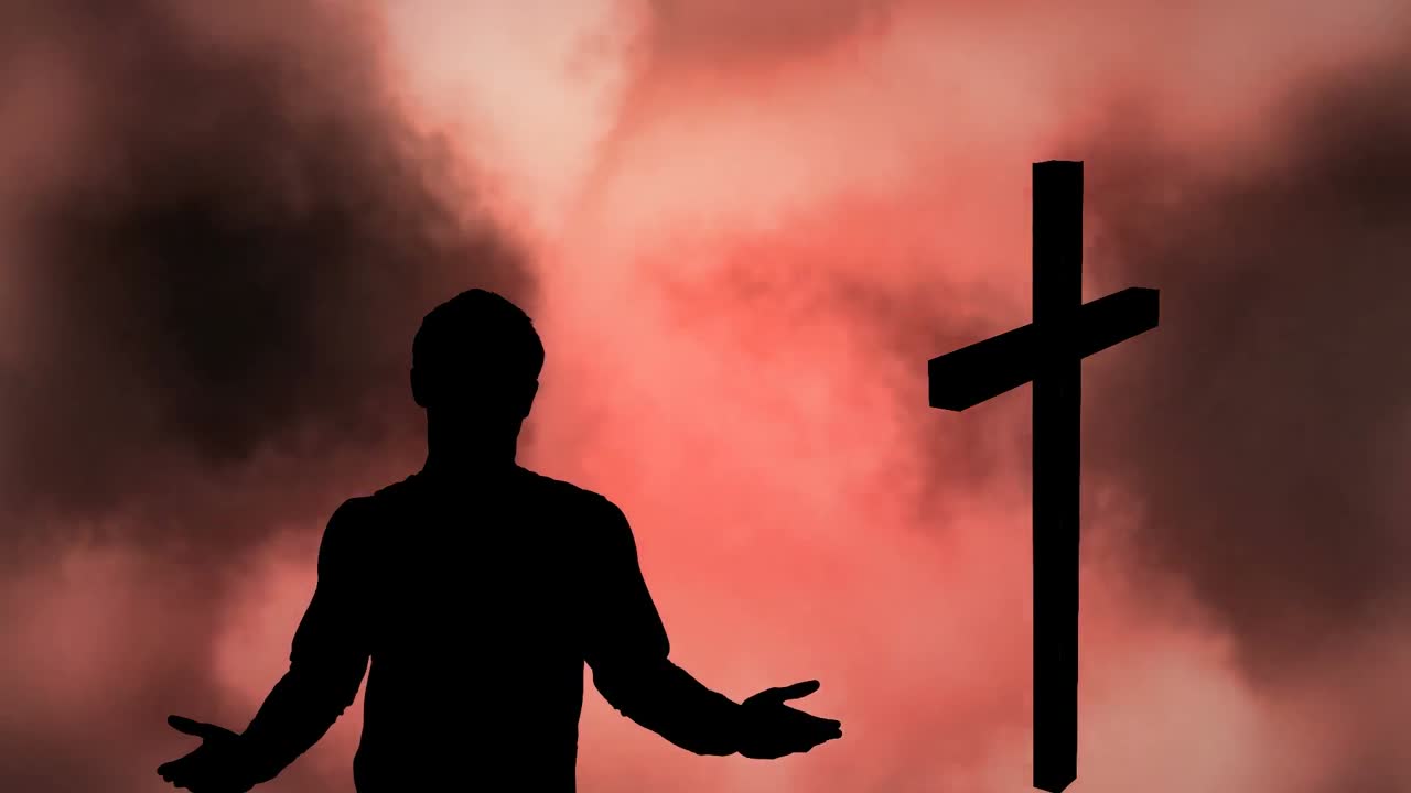 구름 과 십자가 위 에 있는 사람 의 실루 ⁇  의 애니메이션