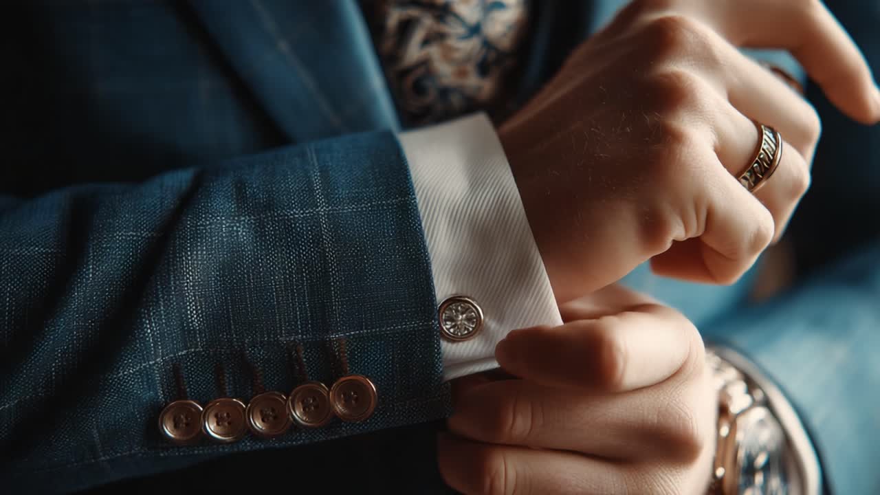 A Close-Up View of a Stylish Man's Cuff with Elegant Cufflinks and a Tailored Suit, Focused on Fine Details and Textures for a Sophisticated Look