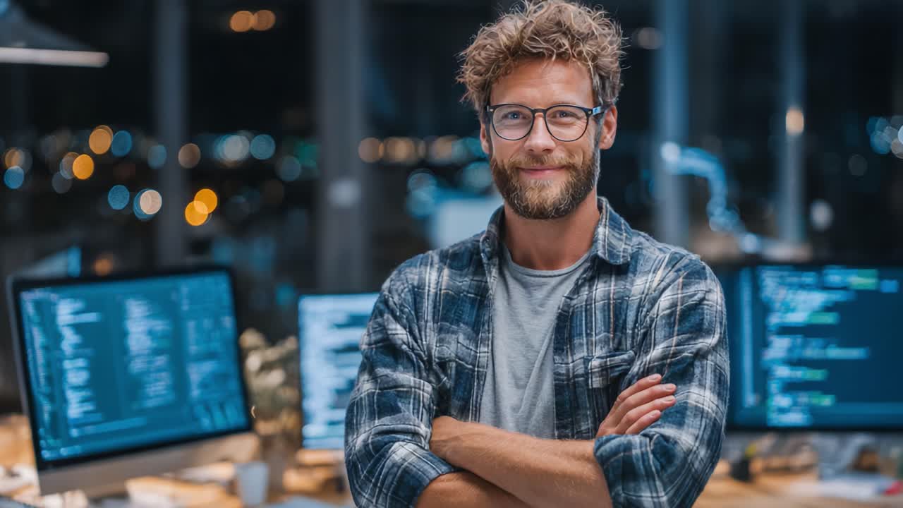 A Confident Male Programmer Smiling While Standing in a Modern Office with Multiple Computer Monitors Displaying Code and City Lights in the Background at Night