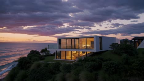 modern, minimalist beach house perched on a cliff overlooking the ocean at sunset, with a dramatic, cloudy sky creating a luxurious and serene atmosphere