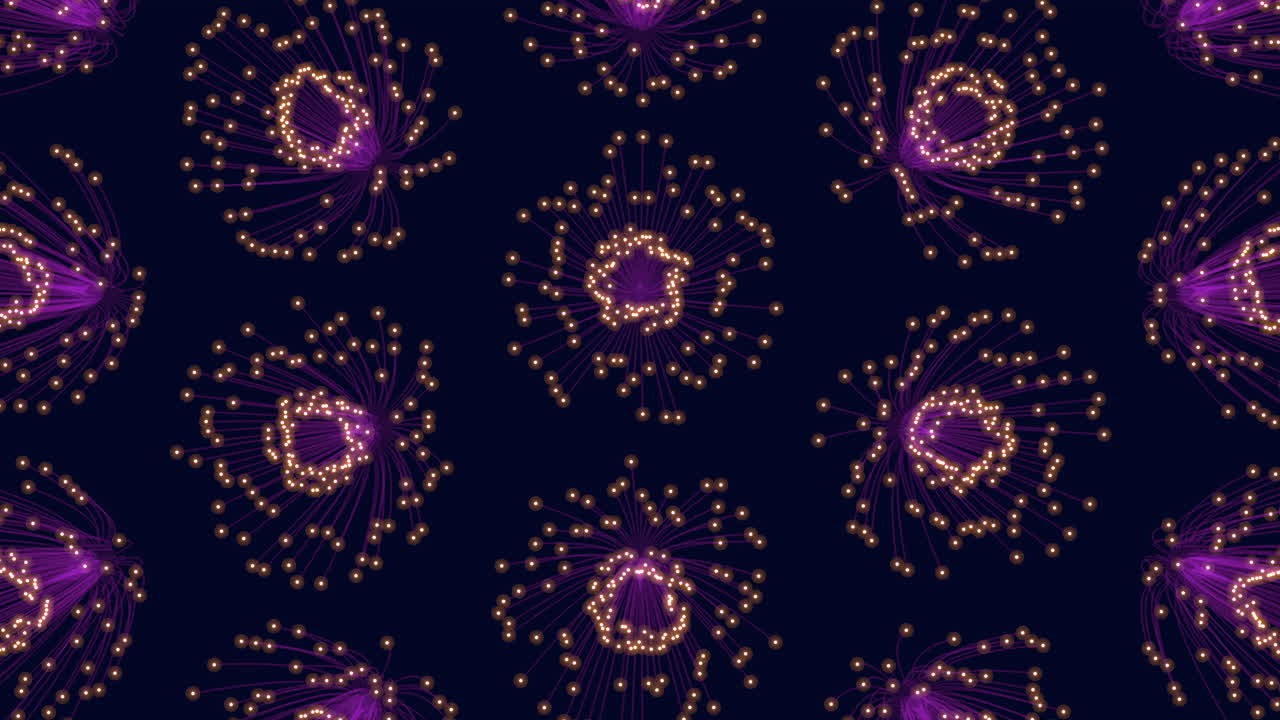 Motivo a punti viola luminosi su sfondo nero, design futuristico e intricato.