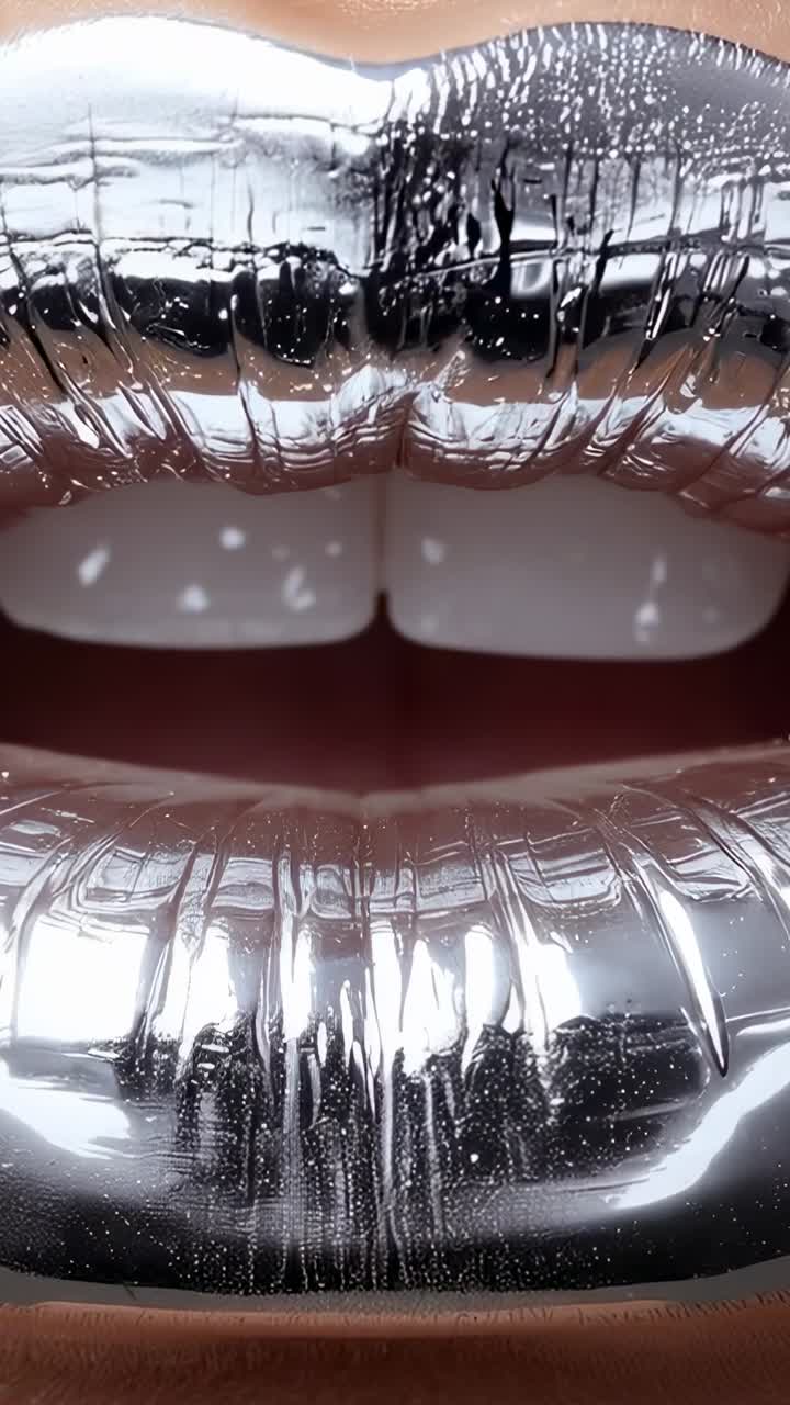 Video verticale: labbra argentate metallizzate che si aprono mostrando i denti in studio, con riflessi scintillanti