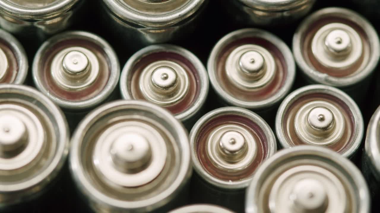 Silver batteries AA and AAA on black background close-up. Double-A battery is a standard size single cell cylindrical dry battery. Batteries are common in portable electronic devices. An AA battery is composed of a single electrochemical cell that may be either a primary battery or a rechargeable ba