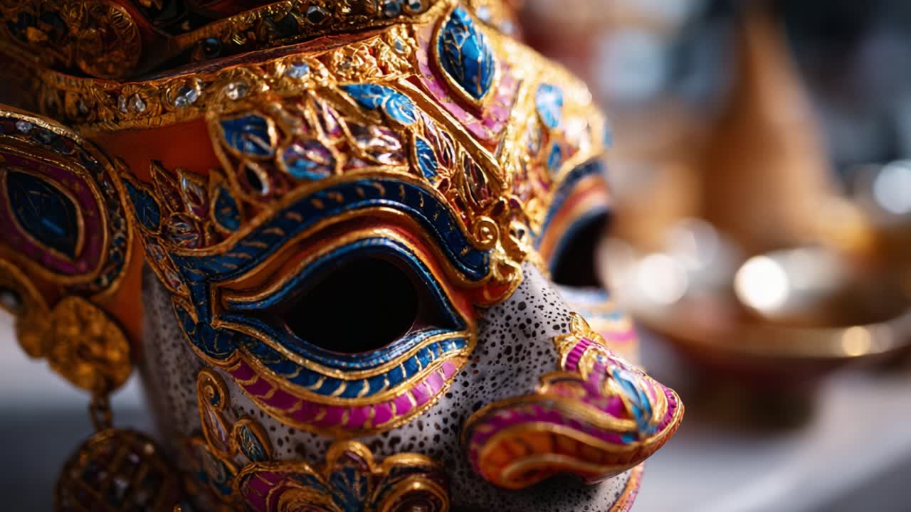 Maschera decorativa raffinata con design intricati e colori vivaci, che cattura l'essenza dell'arte e della tradizione culturale in una straordinaria prospettiva ravvicinata