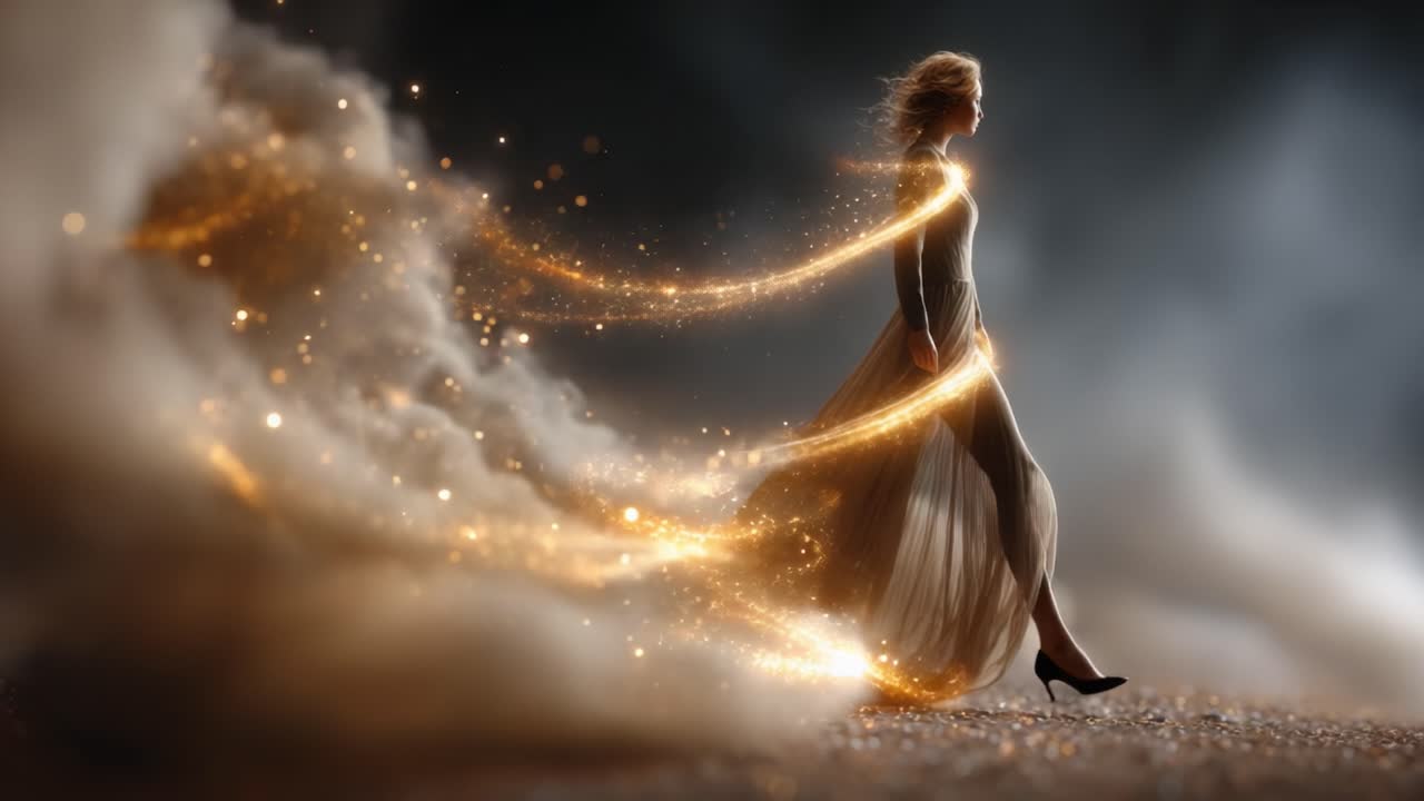 Uma mulher misteriosa em um vestido esvoaçante, iluminada por poeira mágica, caminhando por uma paisagem fantasiosa cercada por nuvens etéreas e rastros de luz radiantes