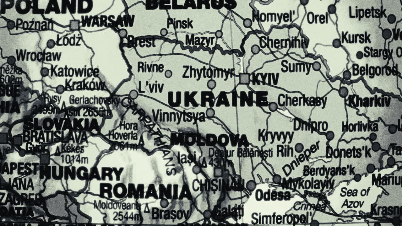 Close-up of a political map showing Ukraine and surrounding Eastern European countries