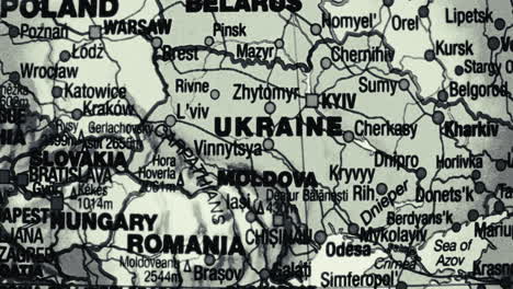 close-up of a political map showing ukraine and surrounding eastern european countries