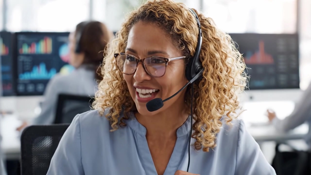 Un'allegra rappresentante del servizio clienti interagisce con i clienti tramite la sua cuffia, mostrando un atteggiamento positivo in un vivace ambiente di call center pieno di schermi.