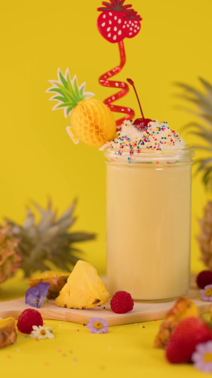 Frullato tropicale all'ananas con panna montata, ciliegia e guarnizione di frutta, che ruota su uno sfondo giallo brillante.