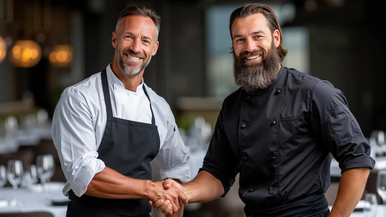 dos cocineros estrechando las manos en un restaurante