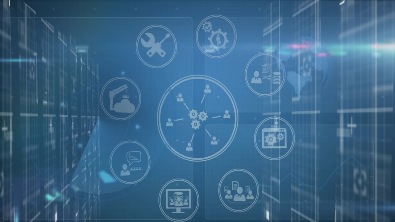 Gear icon appearing, starting gears and user nodes forming hub, lines extending, showing services