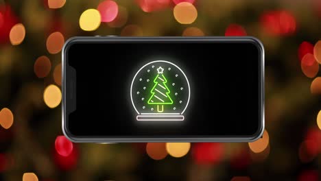 Animation-of-christmas-tree-on-smartphone-over-light-spots