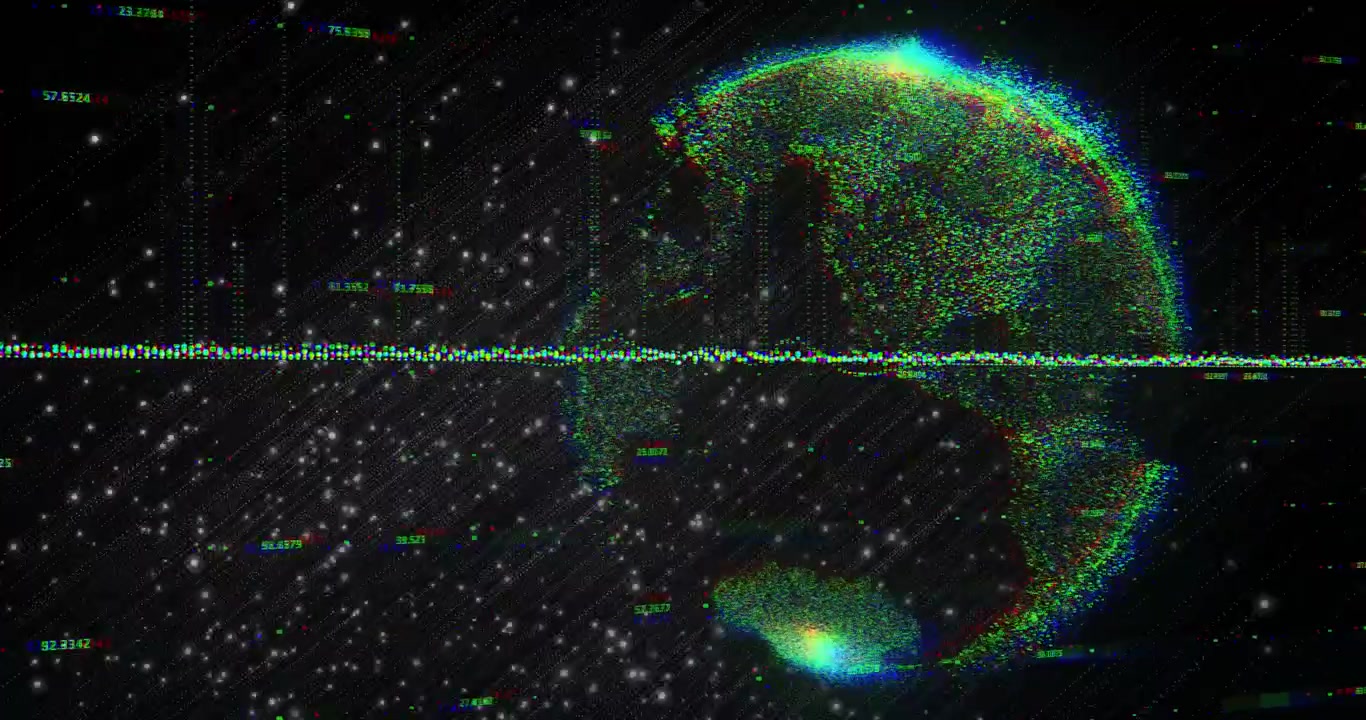 Screen showing data line on glitch backdrop forming rotating globe with labels then dispersing
