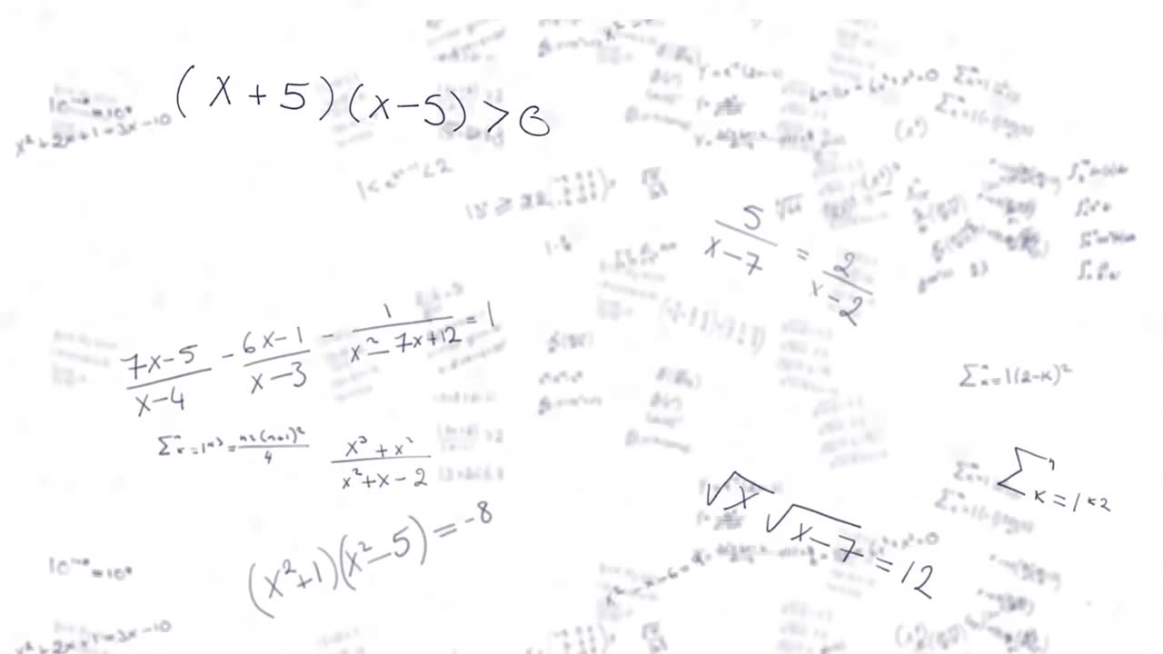 Animation of mathematical equations falling against white background