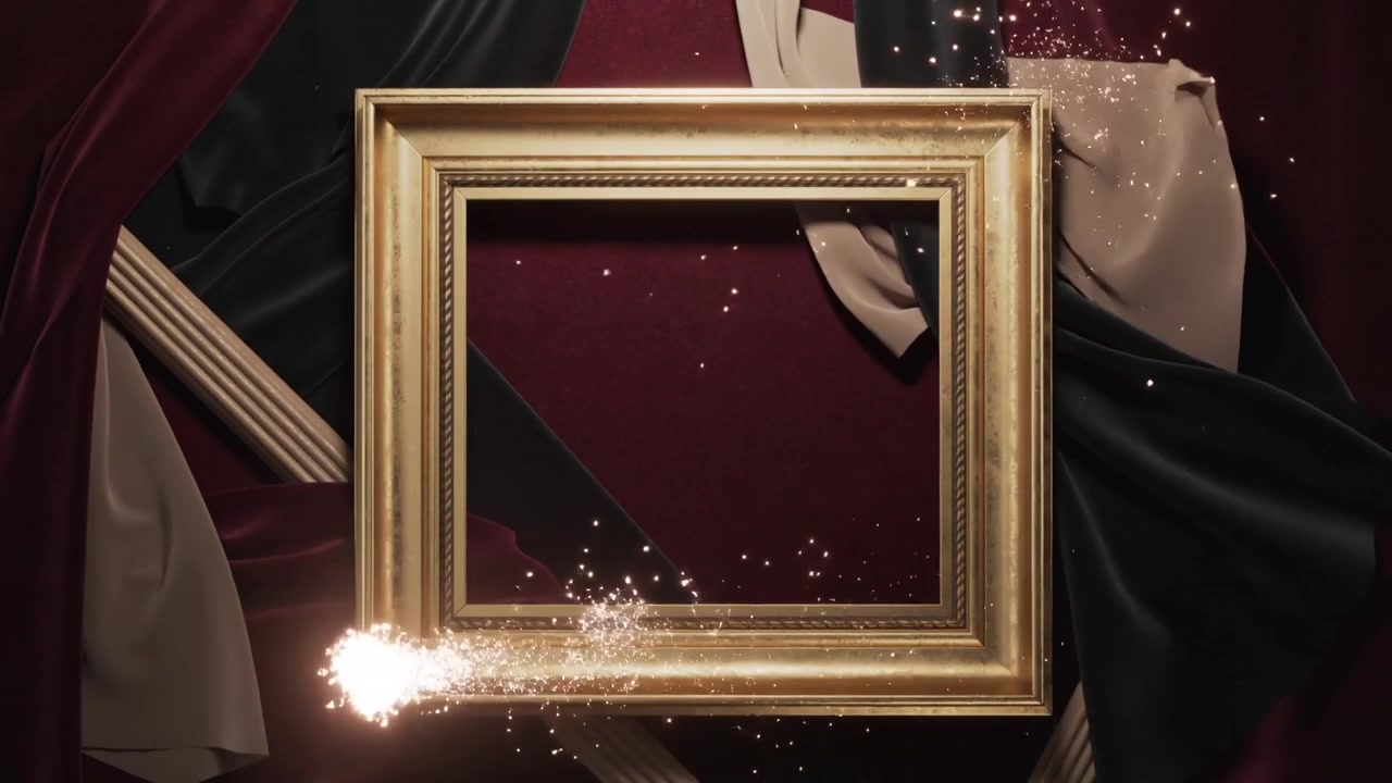 Igniting top-left, spark tracing around gilt frame on set, revealing frame for display with drapery