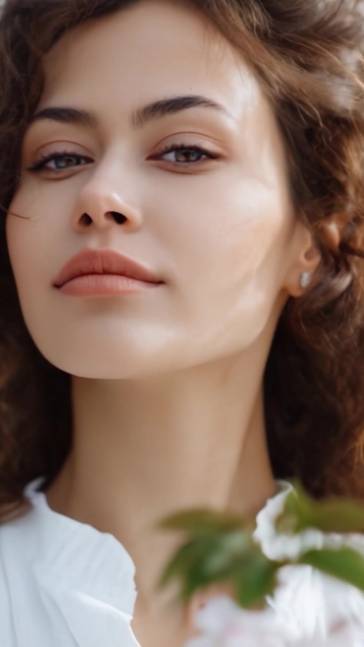 Ritratto affascinante di una giovane donna con bellissimi capelli ricci su un delicato sfondo floreale, che emana bellezza naturale e fascino aggraziato.