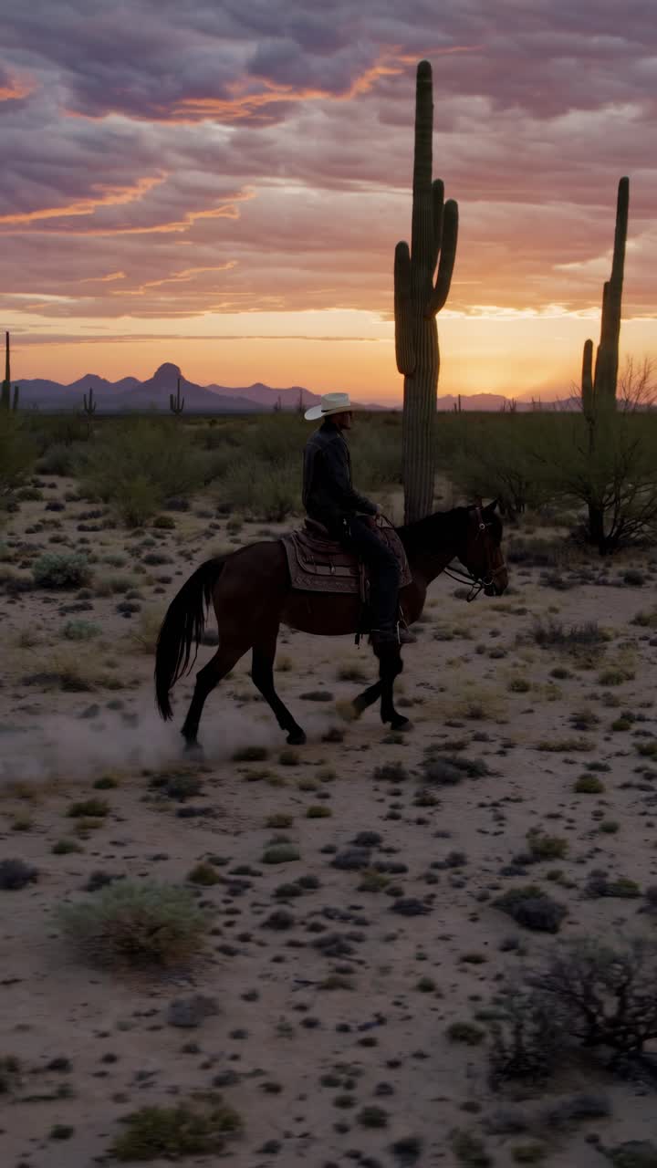 A cowboy rides a horse through a desert at sunset, captured in a cinematic wide-angle shot