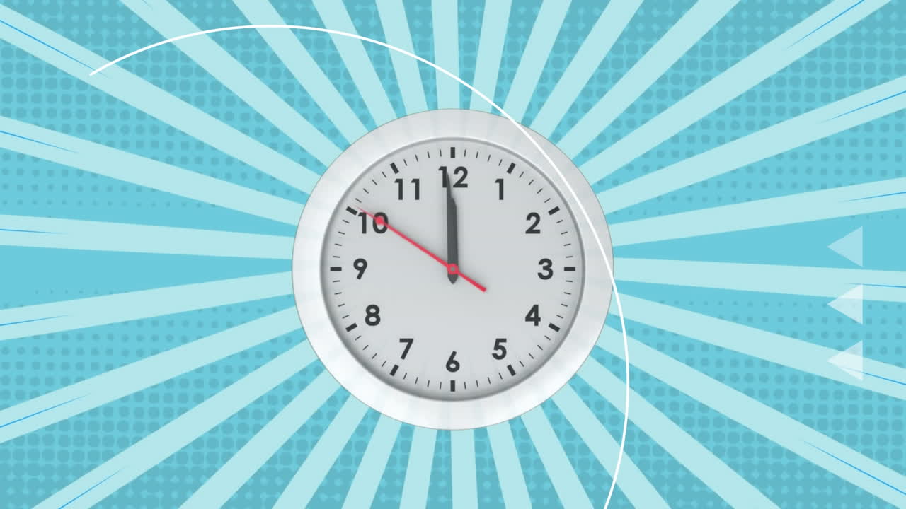 animación del icono del reloj en marcha contra los rayos radiales en un patrón sin costuras sobre fondo azul