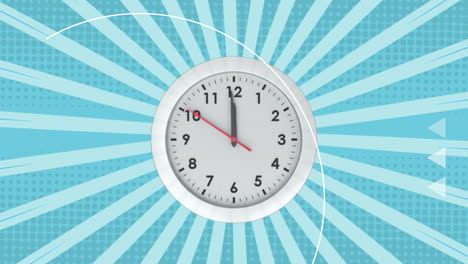 animation of ticking clock icon against radial rays in seamless pattern on blue background