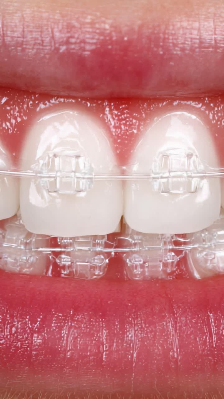 Close-Up of Clear Braces on Teeth, Highlighting Orthodontic Treatment Progress and Oral Health Improvements in Dental Aesthetics