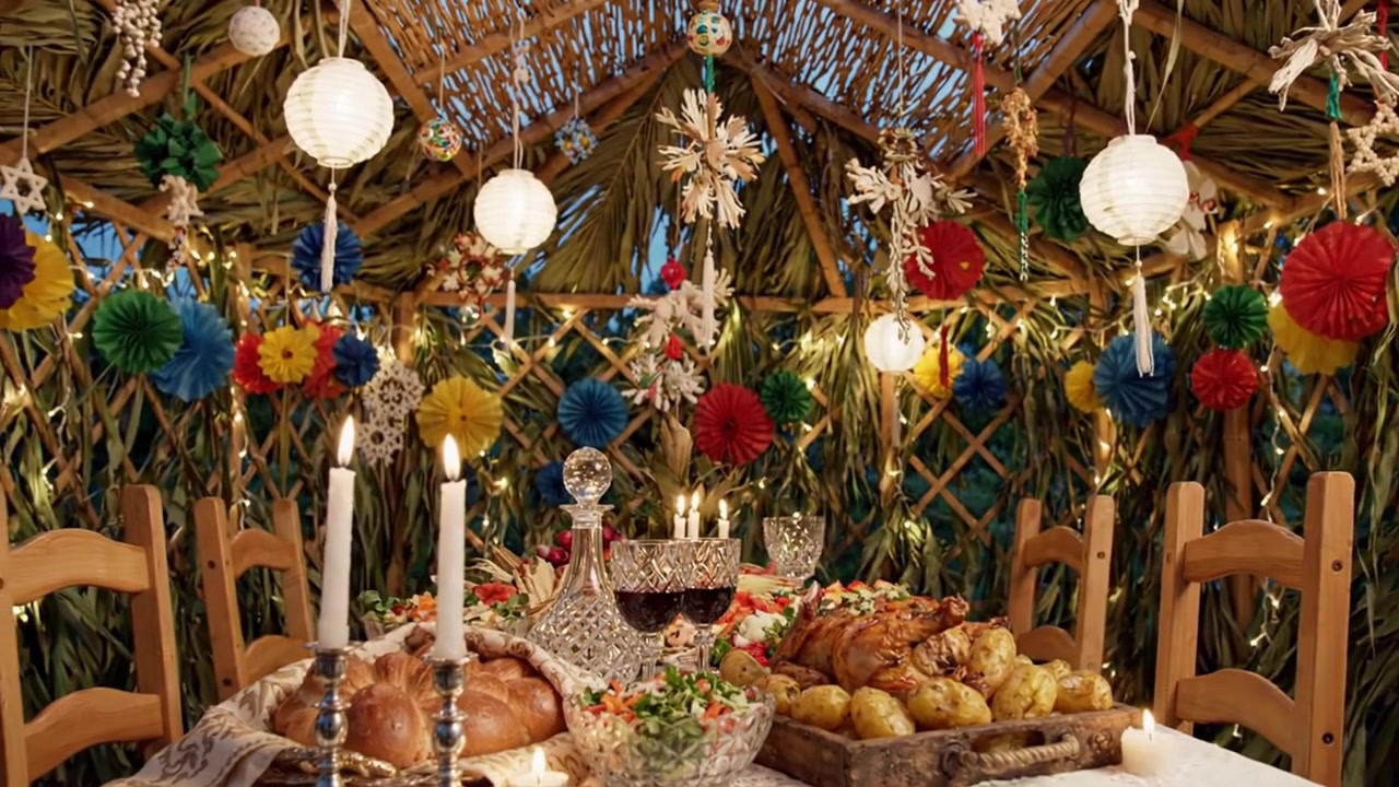 Traditional jewish sukkot dinner table setting