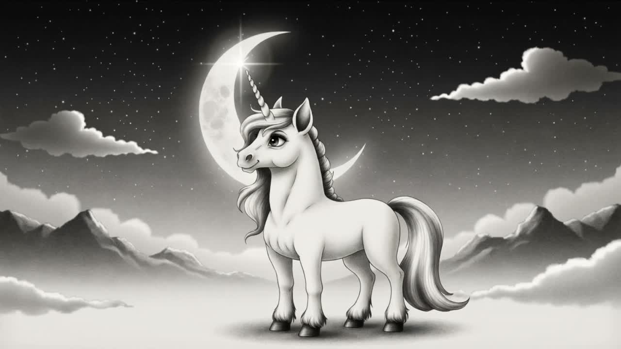 Twinkling stars and drifting clouds keeping unicorn standing on mountain plain, moon behind head