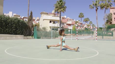 fit woman in roller skates stretching