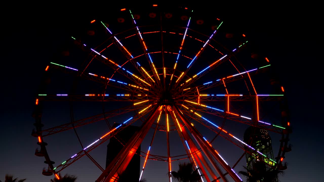 luces de la rueda gigante por la noche y palmeras