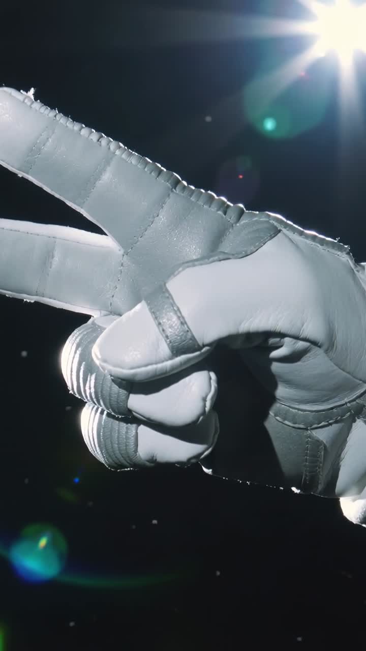 Close-up of Hand in Space Glove Making Peace Sign