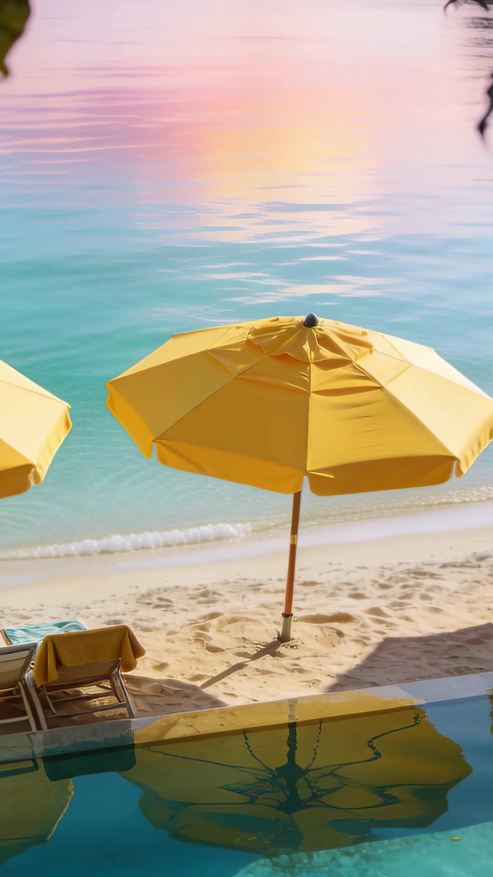 Video verticale: Telecamera che si avvicina a un ombrello giallo in piscina per mostrare il riflesso specchiato.
