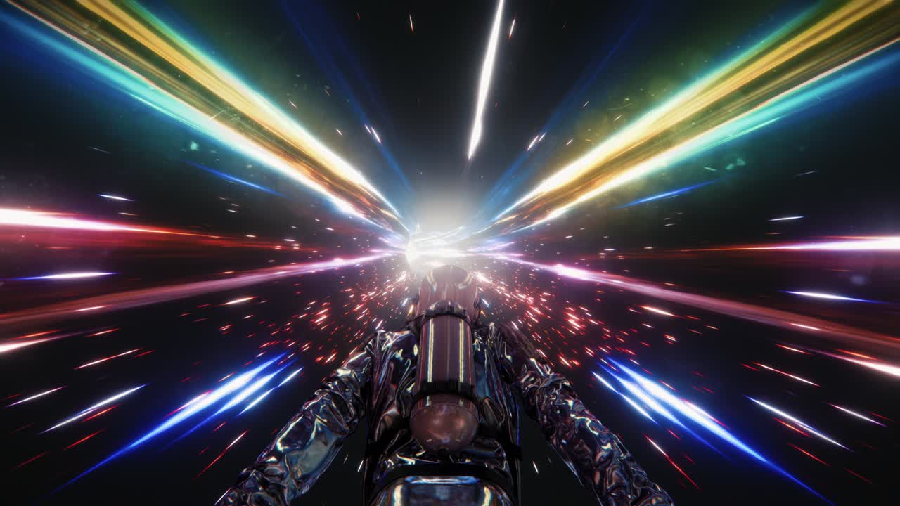 우주복을 입은 우주비행사가 자신감 있게 시간과 공간을 날아다니는 장면, 시간-공간 소용돌이 터널, 고속 광속 디지털 터널, 다채로운 불빛으로 데이터 전송의 은하를 날아다닌 장면, 우주비행자가 우주를 탐험하는 장면.