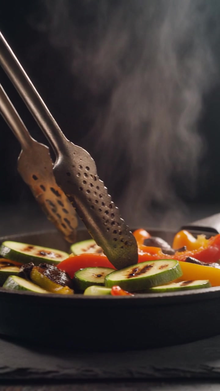 Chef che usa le pinze per grigliare verdure fresche in una padella di ghisa
