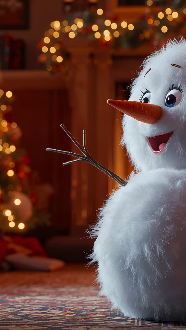 Vertical video: Zooming lens showing snowman smile shifting head right on rug by lights, copy space