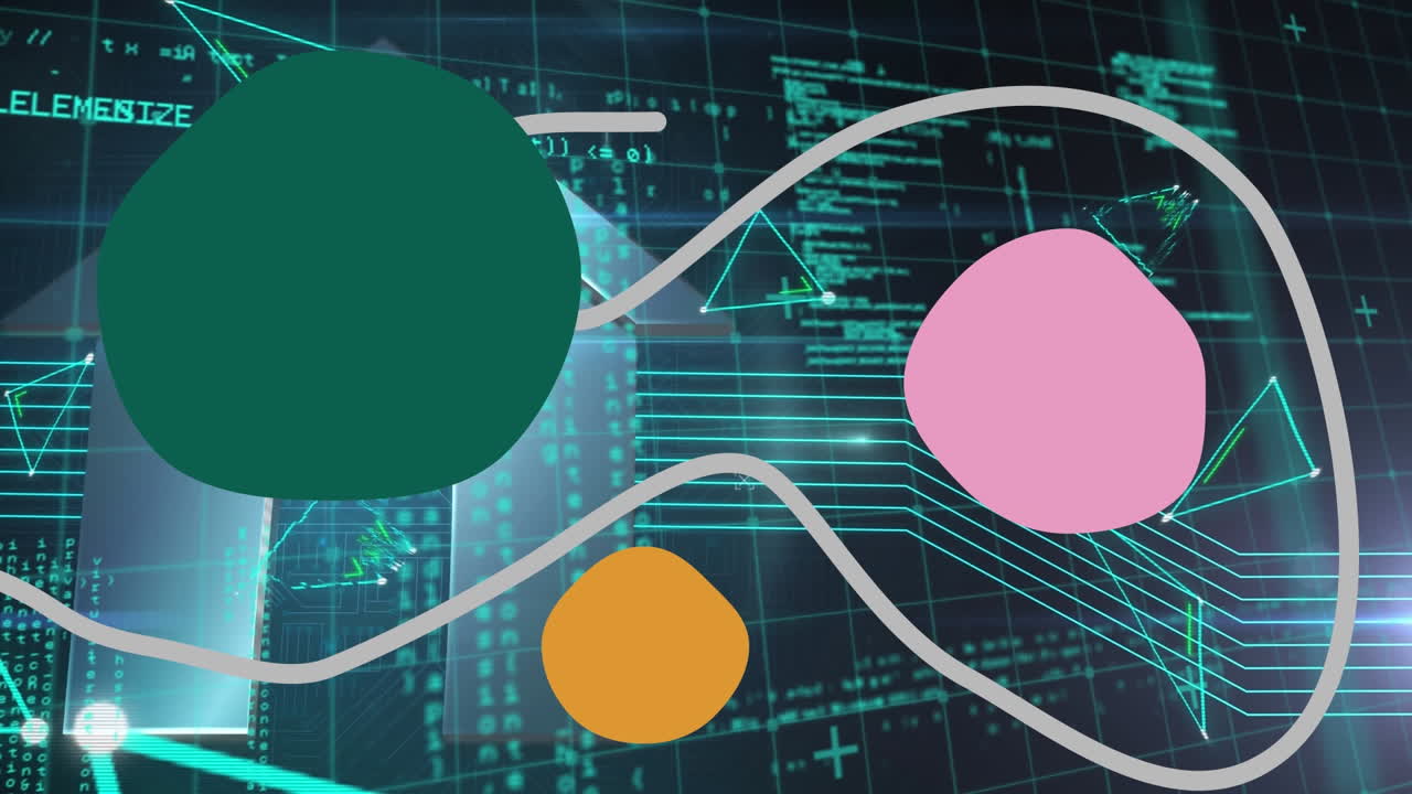 animación de formas y procesamiento de datos sobre fondo negro