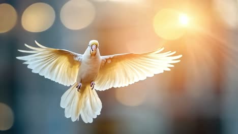 white bird in flight with sunlight and bokeh