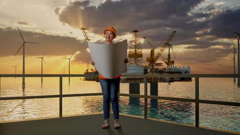 ingeniera revisando los planes de una plataforma de parques eólicos en alta mar al atardecer