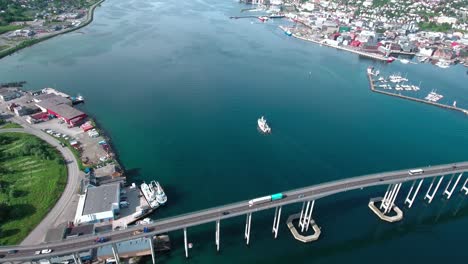 bridge of city tromso, norway aerial footage